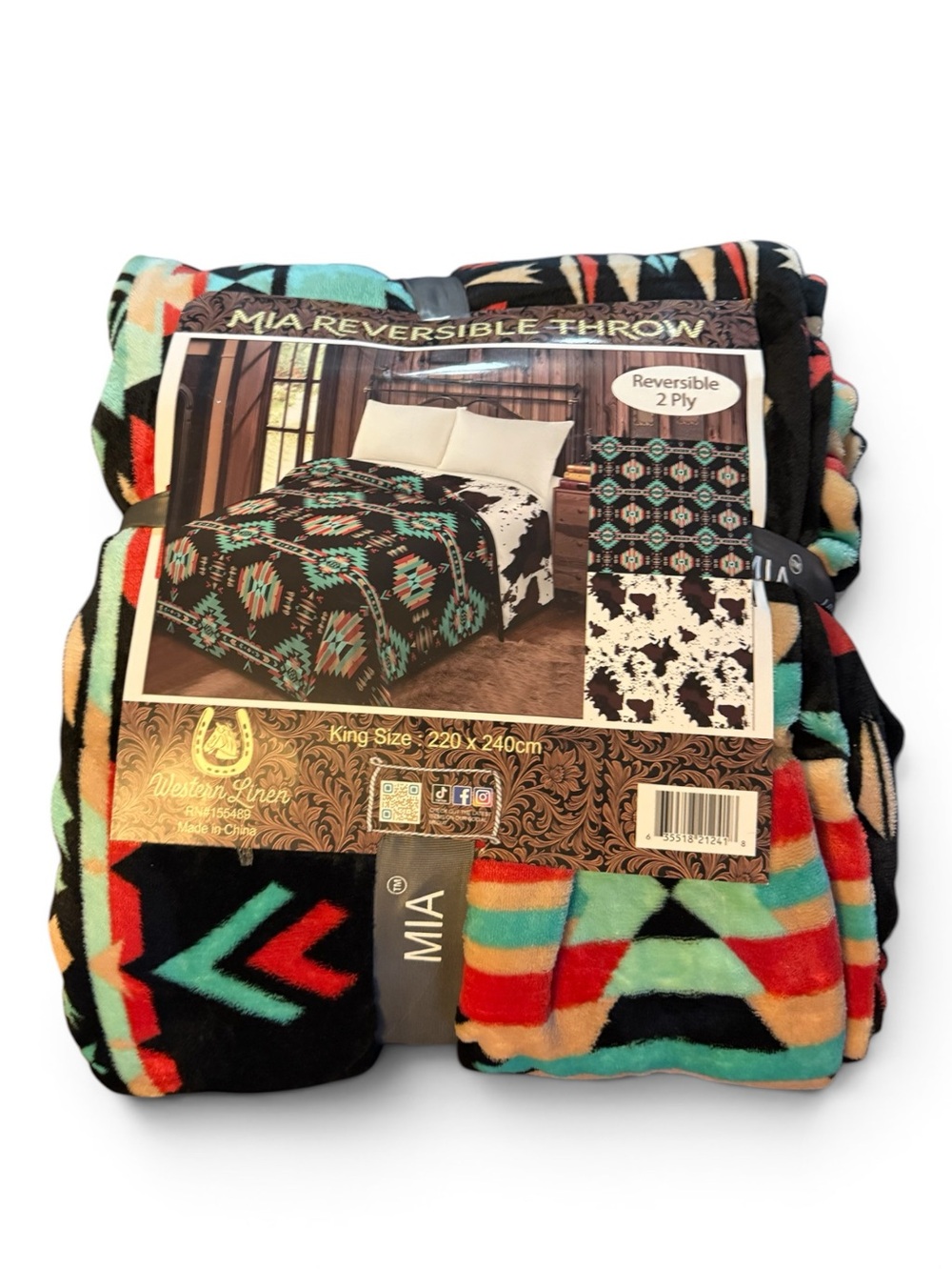 NWT MIA King Reversible Throw Blanket - Western Super Soft Aztec & Cow Print